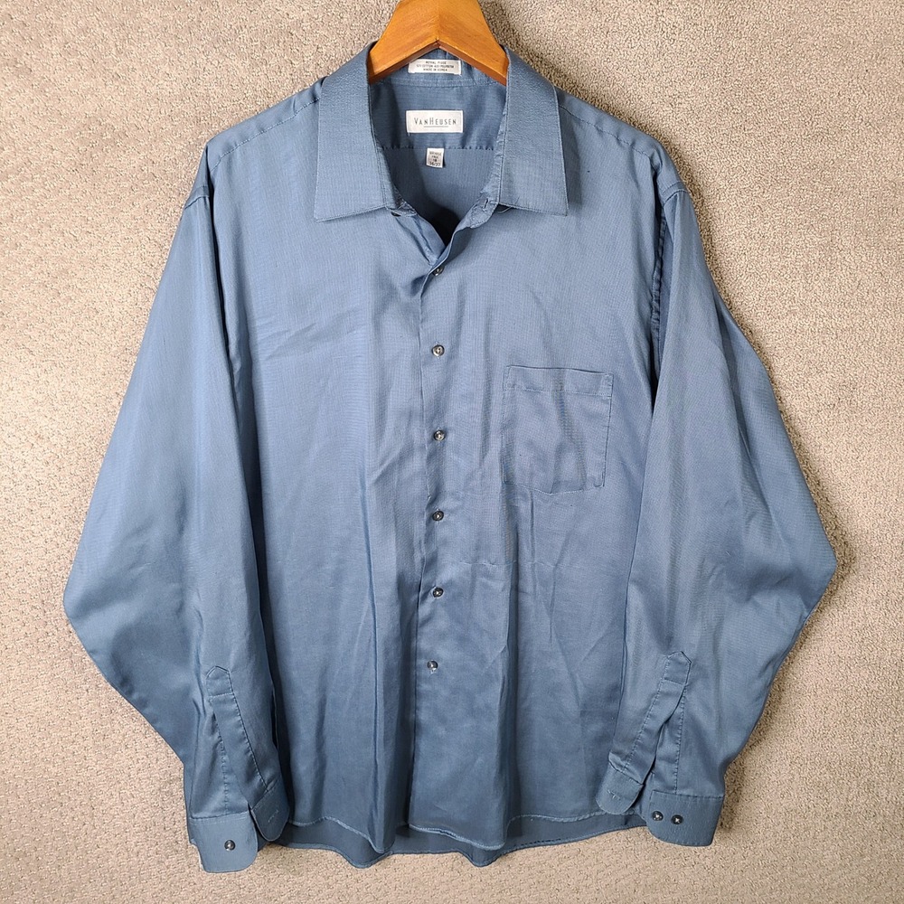 Van Heusen Shirt Mens 18 36/37 Blue Button Down Wrinkle Free Royal Pique